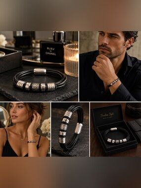 Leather & Stainless Steel Wrap Bracelet | Black Leather Cord Bracelet | Unisex